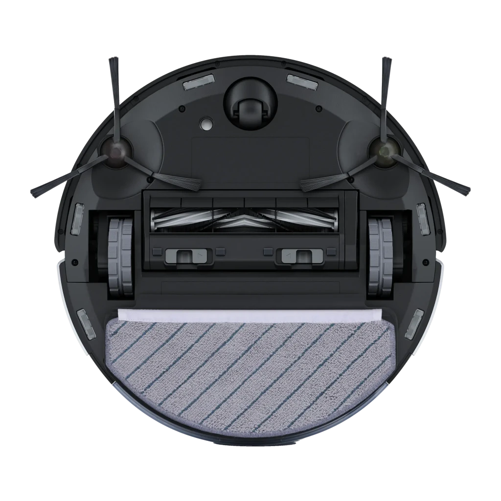 Ecovacs Deebot X1 Plus preto, vista frontal: robô aspirador na base de esvaziamento automático com logo e módulo de câmeras - Item11
