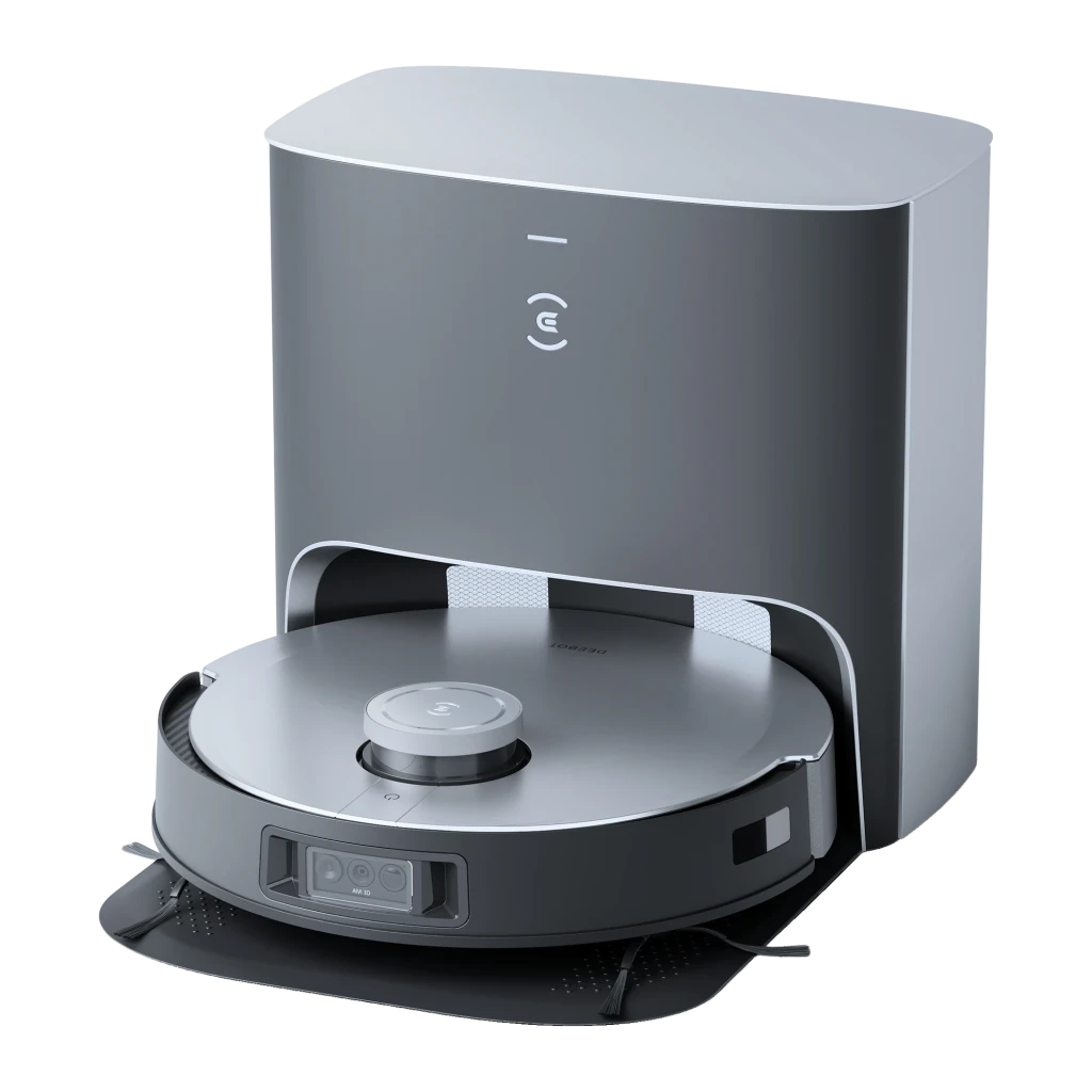 Ecovacs Deebot X1 Plus preto, vista frontal: robô aspirador na base de esvaziamento automático com logo e módulo de câmeras - Item1