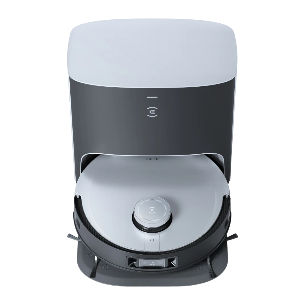 Ecovacs Deebot X1 Plus preto, vista frontal: robô aspirador na base de esvaziamento automático com logo e módulo de câmeras - Item3