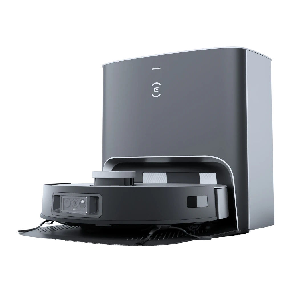 Ecovacs Deebot X1 Plus preto, vista frontal: robô aspirador na base de esvaziamento automático com logo e módulo de câmeras - Item6