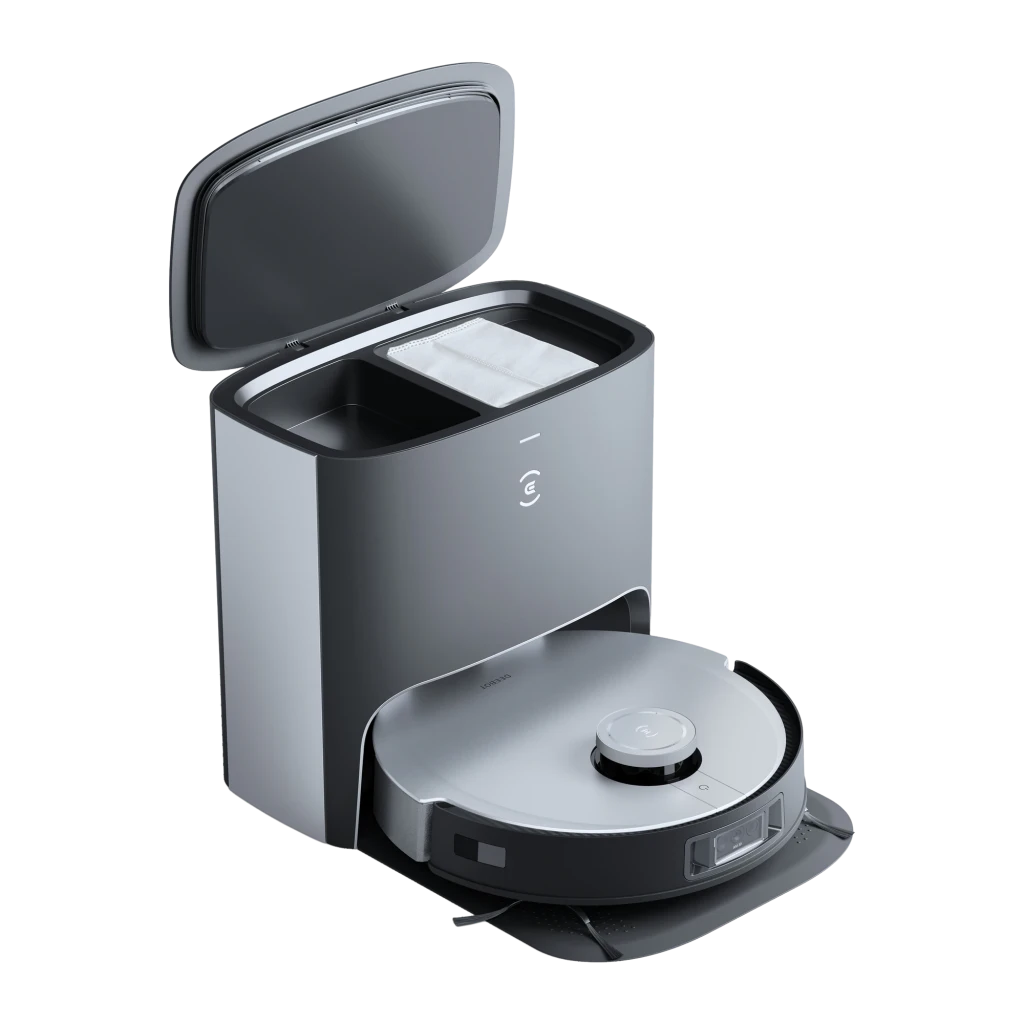 Ecovacs Deebot X1 Plus preto, vista frontal: robô aspirador na base de esvaziamento automático com logo e módulo de câmeras - Item7