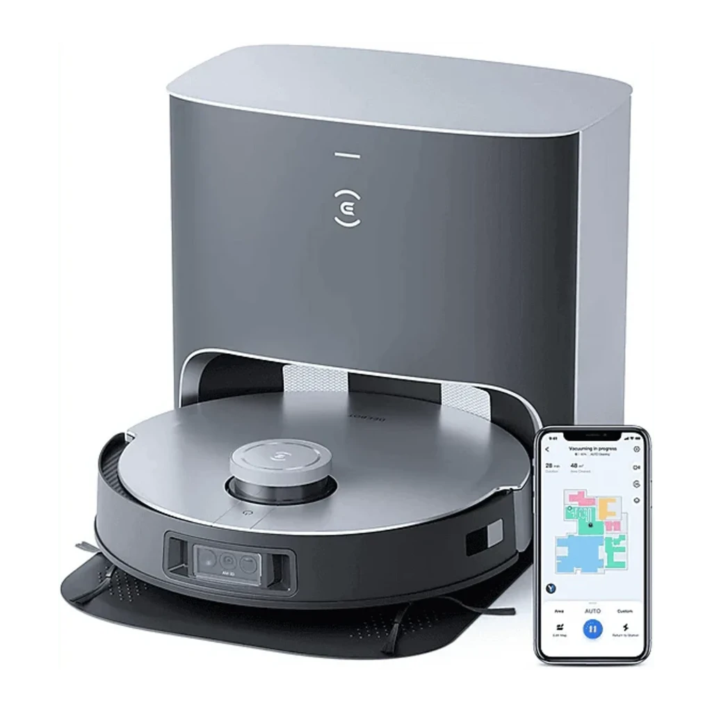 Ecovacs Deebot X1 Plus preto, vista frontal: robô aspirador na base de esvaziamento automático com logo e módulo de câmeras - Item8