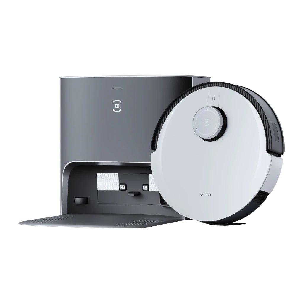 Ecovacs Deebot X1 Plus preto, vista frontal: robô aspirador na base de esvaziamento automático com logo e módulo de câmeras - Item9