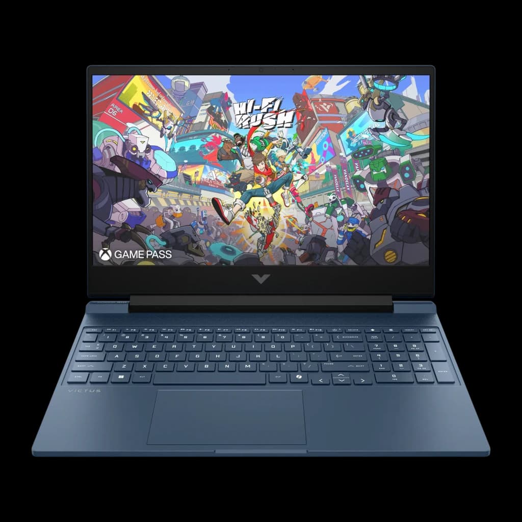 HP Victus Gaming I7 1TB Bleu intense, vue de face: écran Hi-Fi Rush et Game Pass, clavier et logo V central
