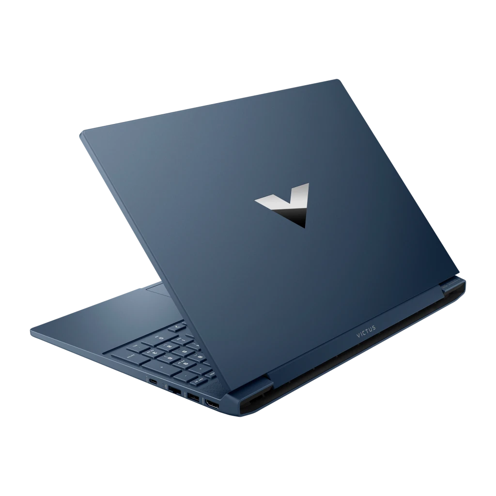 HP Victus Gaming I7 1TB Azul intenso, vista frontal: ecrã com Hi-Fi Rush e Game Pass, teclado e logótipo V central - Item1