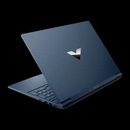 HP Victus Gaming I7 1TB Bleu intense, vue arrière en angle: couvercle bleu avec logo V argenté et ports latéraux visibles