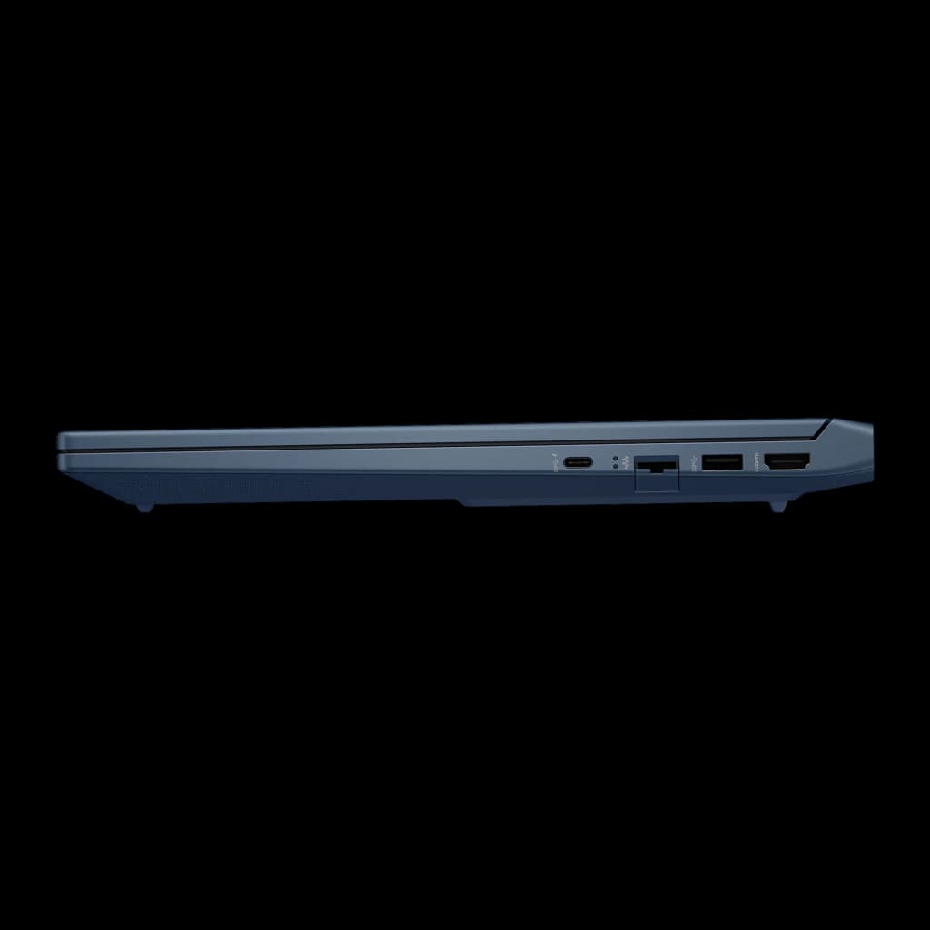HP Victus Gaming I7 1TB Bleu intense, vue latérale droite: profil fermé avec USB-C, USB-A et HDMI, grille de ventilation