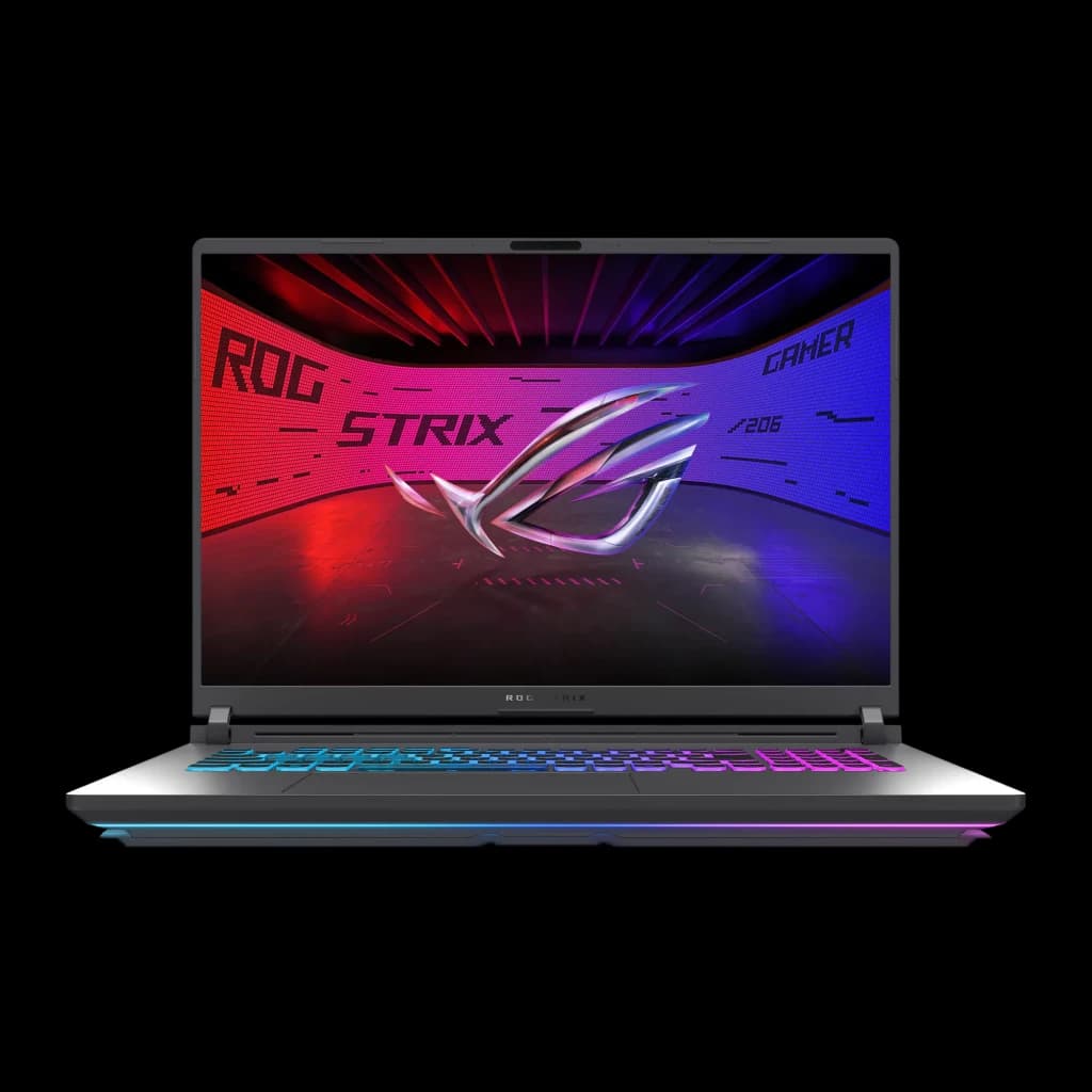 ASUS ROG Strix G815JMR 1TB gris, vue de face: écran ROG Strix allumé avec rétroéclairage RGB sur clavier et bords