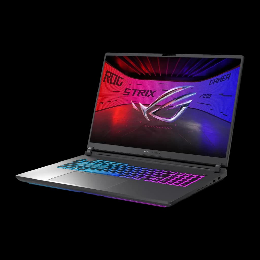 ASUS ROG Strix G815JMR 1TB gris, vue avant en angle: écran ROG allumé, clavier RGB multicolore rétroéclairé