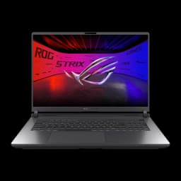 ASUS ROG Strix G18 1TB gris, vue de face: écran avec logo ROG Strix illuminé et clavier RGB