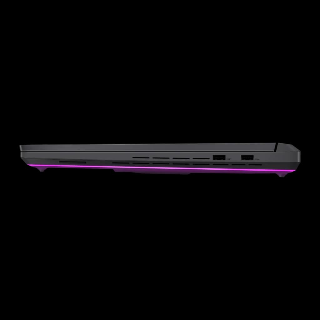 ASUS G815JMR 1TB gris, côté droit: ports USB, grilles de ventilation et éclairage RGB rose