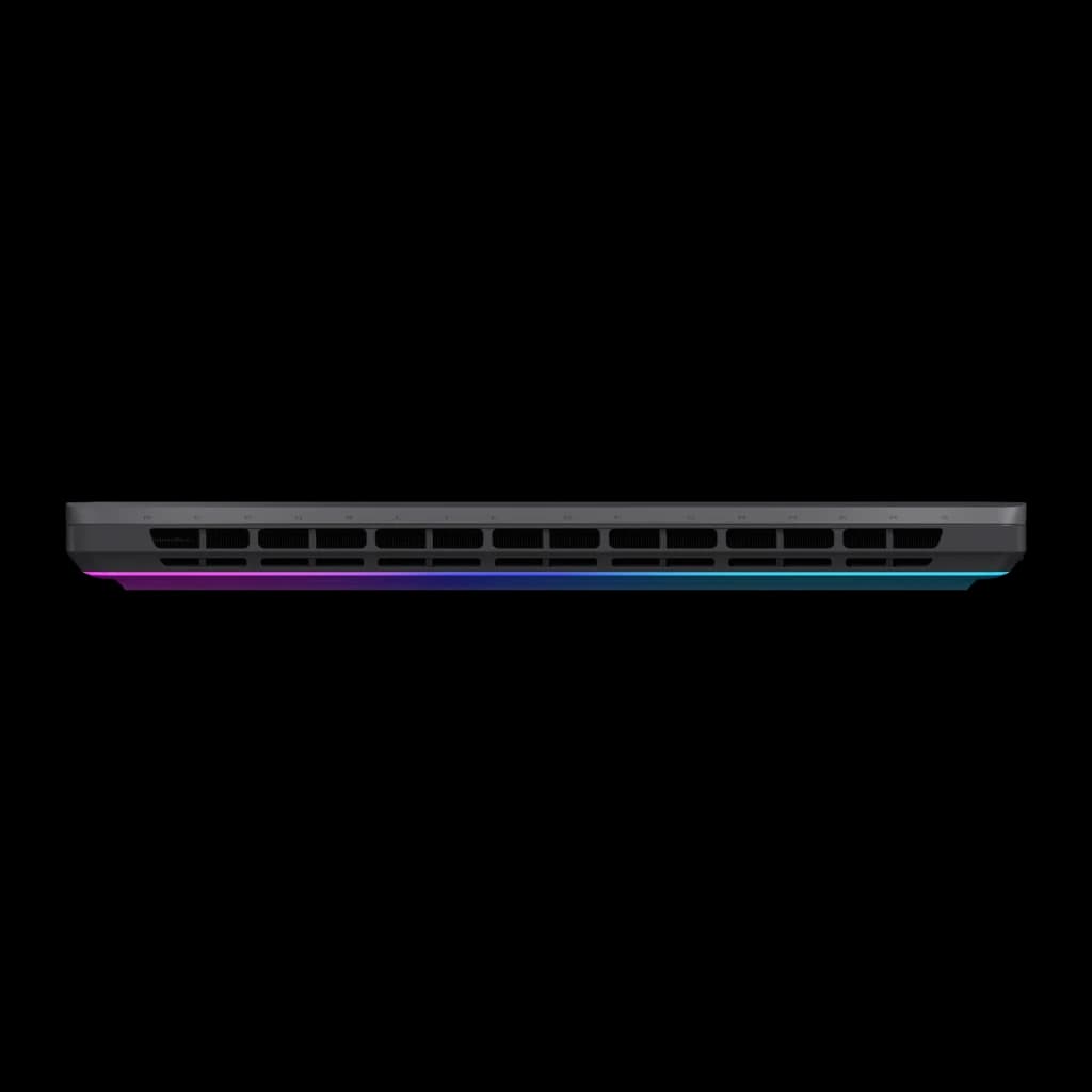 ASUS G815JMR 1TB Gris Eclipse, vue arrière: grilles de ventilation et éclairage RGB multicolore sur la charnière
