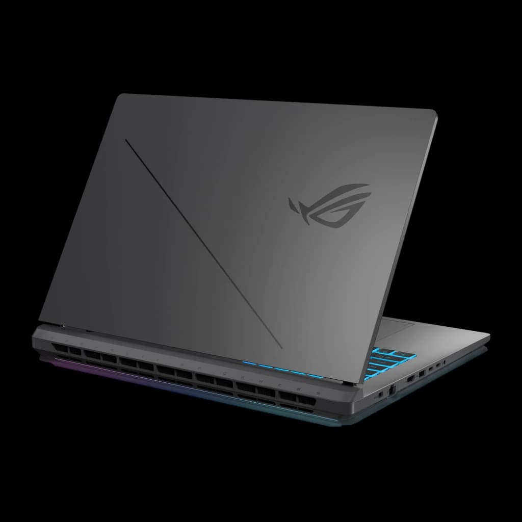 ASUS ROG G815JMR 1TB gris, vue arrière: couvercle avec logo ROG, lignes diagonales et rétroéclairage RGB bleu