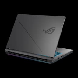 ASUS ROG G815JMR 1TB gris, vue arrière: couvercle avec logo ROG, lignes diagonales et rétroéclairage RGB bleu