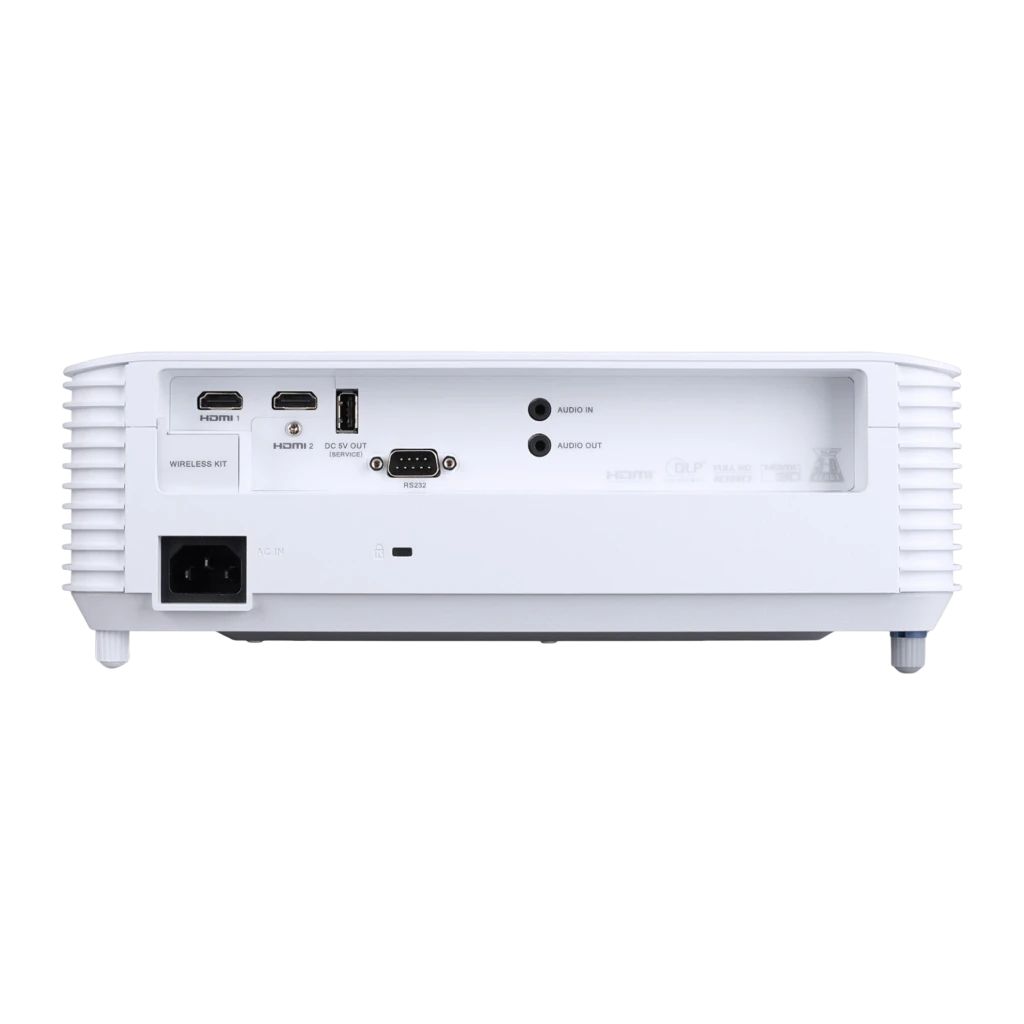 Acer Projecteur H6533BDi Full HD Blanc, vue supérieure avant: objectif éclairé, panneau de boutons et logo Acer visibles - Ítem1