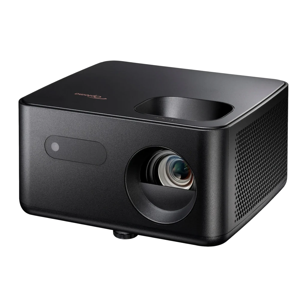 Optoma Photon Life PH31 1080p noir, vue avant-latérale haute: objectif, grille de ventilation et logo Optoma sur le dessus - Ítem2
