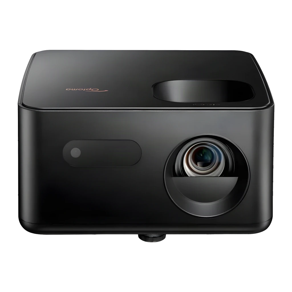 Optoma Photon Life PH31 1080p noir, vue avant-latérale haute: objectif, grille de ventilation et logo Optoma sur le dessus - Ítem4