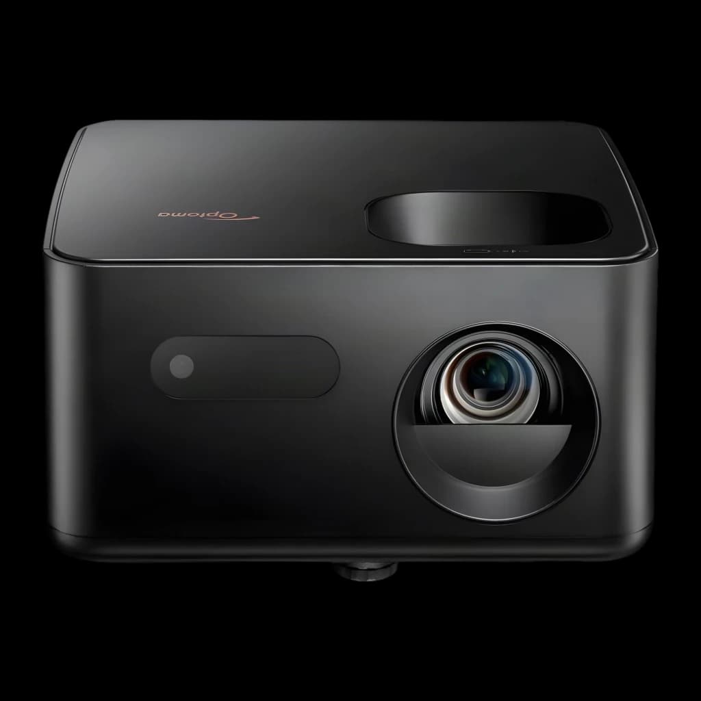 Optoma Photon Life PH31 1080p noir, vue avant: objectif circulaire, logo Optoma et panneau supérieur avec fente