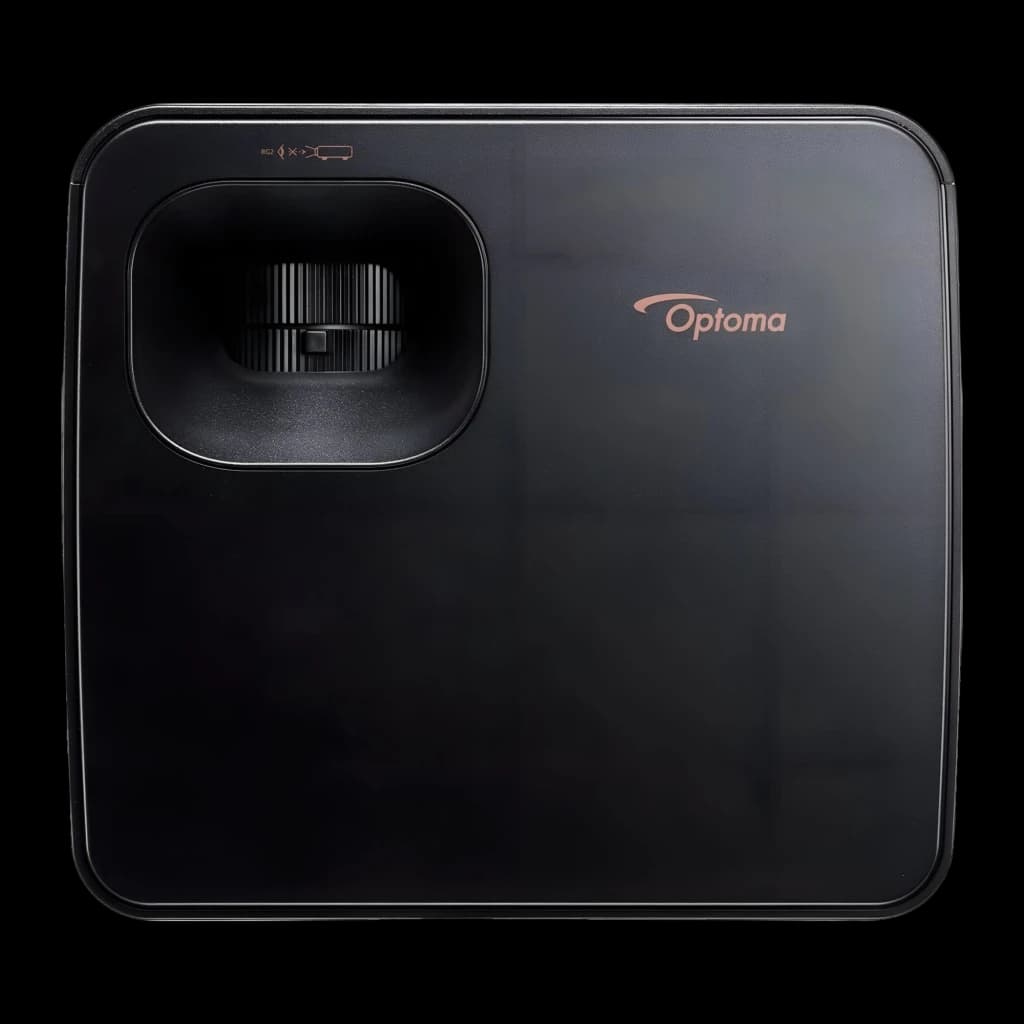Optoma Photon Life PH31 1080p noir, vue du dessus: objectif central, logo doré et surface brillante