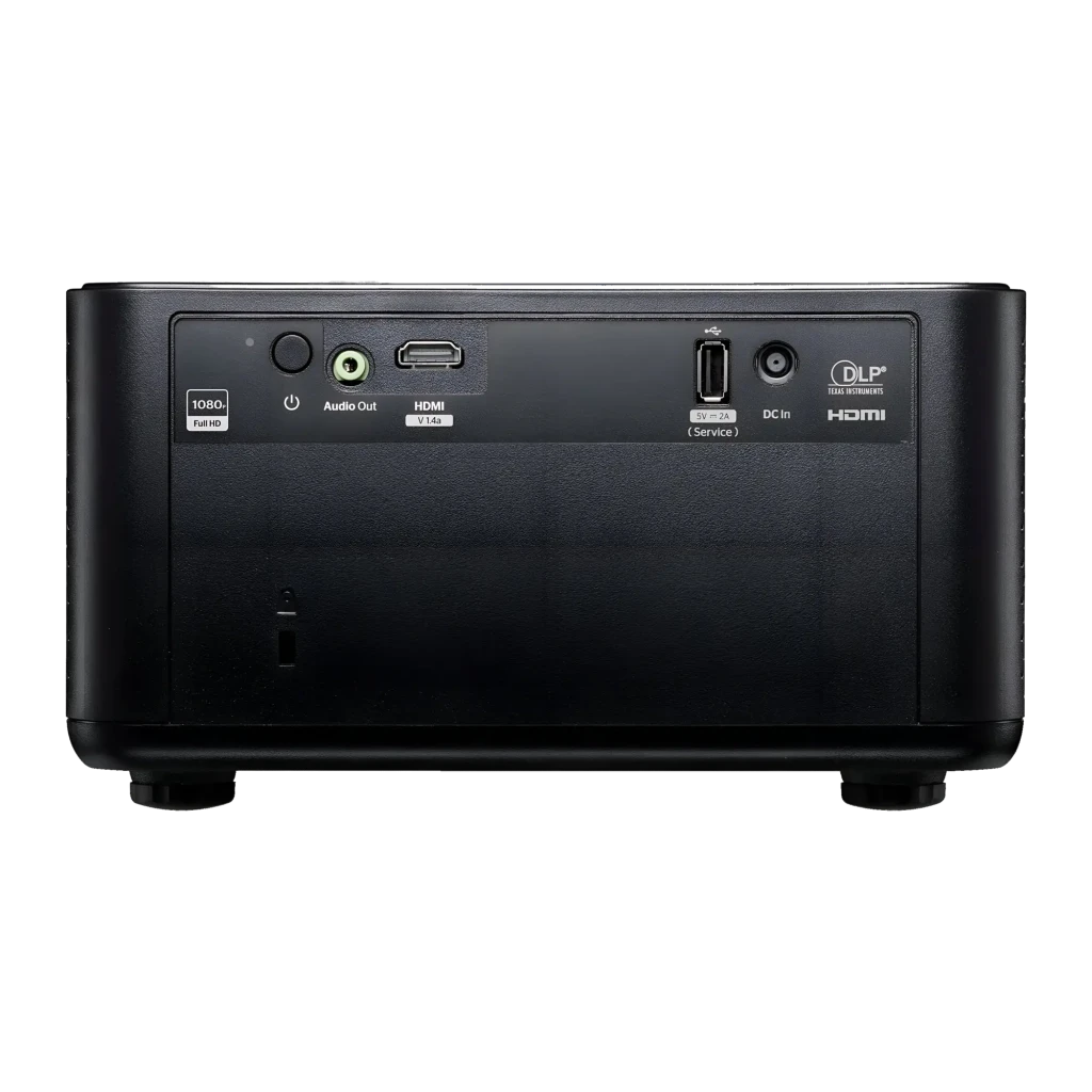 Optoma Photon Life PH31 1080p noir, vue avant-latérale haute: objectif, grille de ventilation et logo Optoma sur le dessus - Ítem7