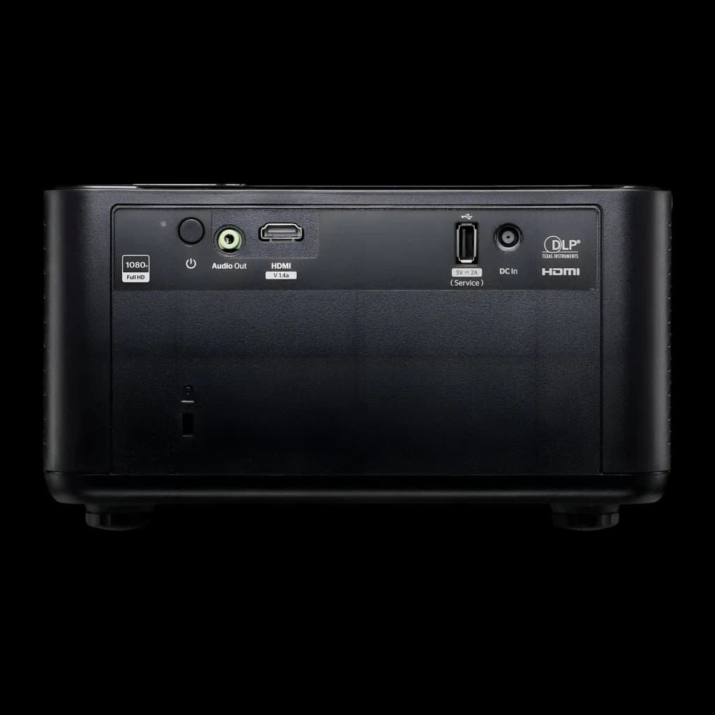 Optoma Photon Life PH31 1080p noir, panneau arrière: ports HDMI 1.4a, Audio Out, USB service et DC In avec logo DLP