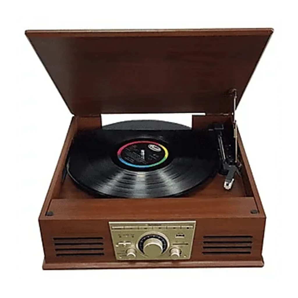 Sunstech Tourne-disque PXR32 bois, vue en perspective: couvercle ouvert avec vinyle, bras de lecture et panneau doré - Ítem1