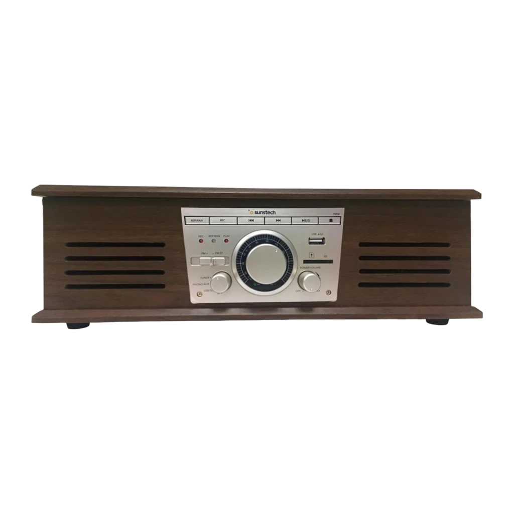 Sunstech Tourne-disque PXR32 bois, vue en perspective: couvercle ouvert avec vinyle, bras de lecture et panneau doré - Ítem2