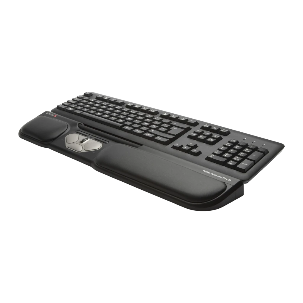 Contour RollerMouse Pro 3 negro, vista principal en ángulo: barra central con rodillo, botones plateados y reposamanos - Ítem1