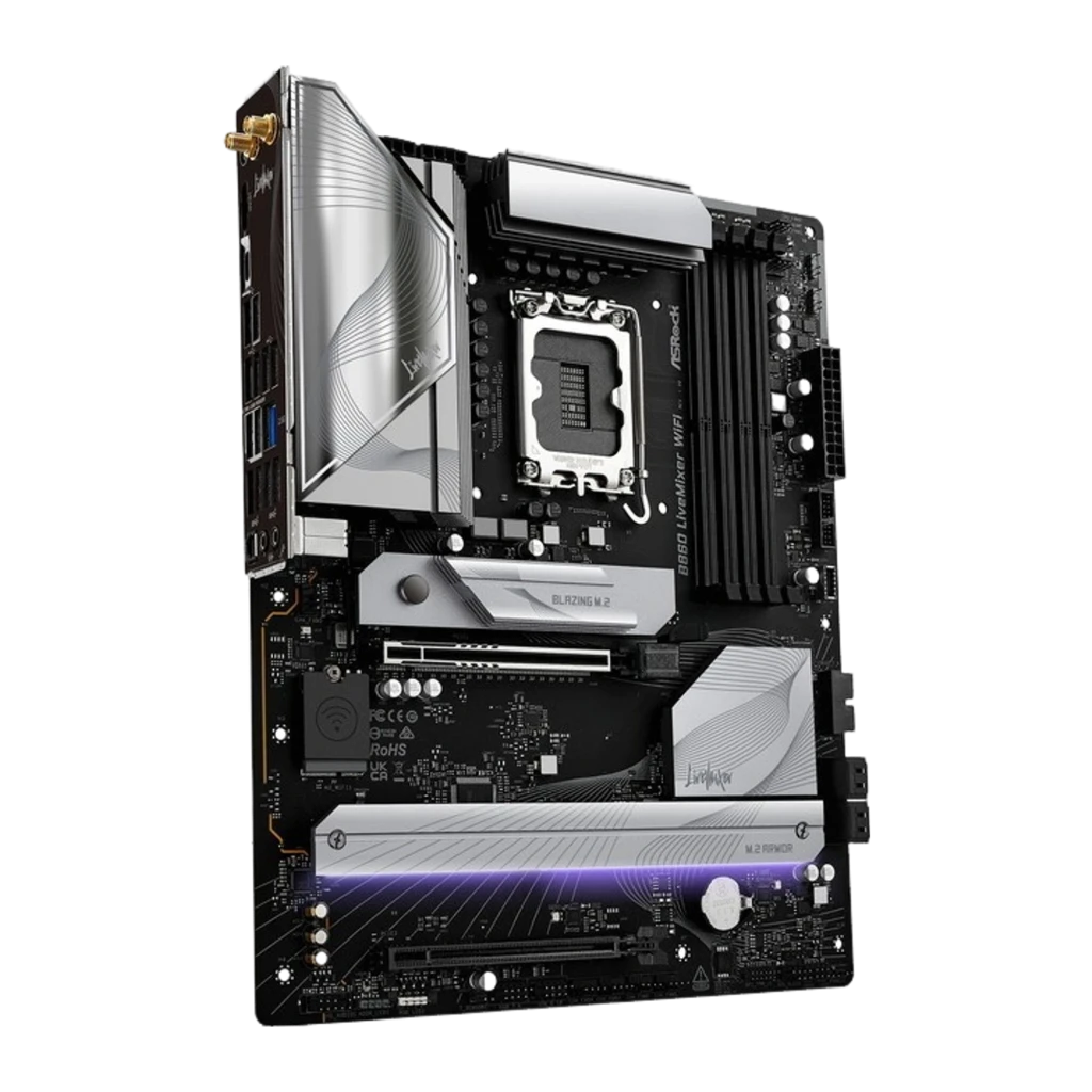 ASRock B860 LiveMixer WiFi, placa-mãe com caixa: vista frontal ATX, dissipadores prateados, iluminação RGB e antenas WiFi - Item3