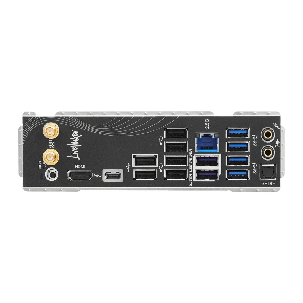 ASRock B860 LiveMixer WiFi, placa-mãe com caixa: vista frontal ATX, dissipadores prateados, iluminação RGB e antenas WiFi - Item4