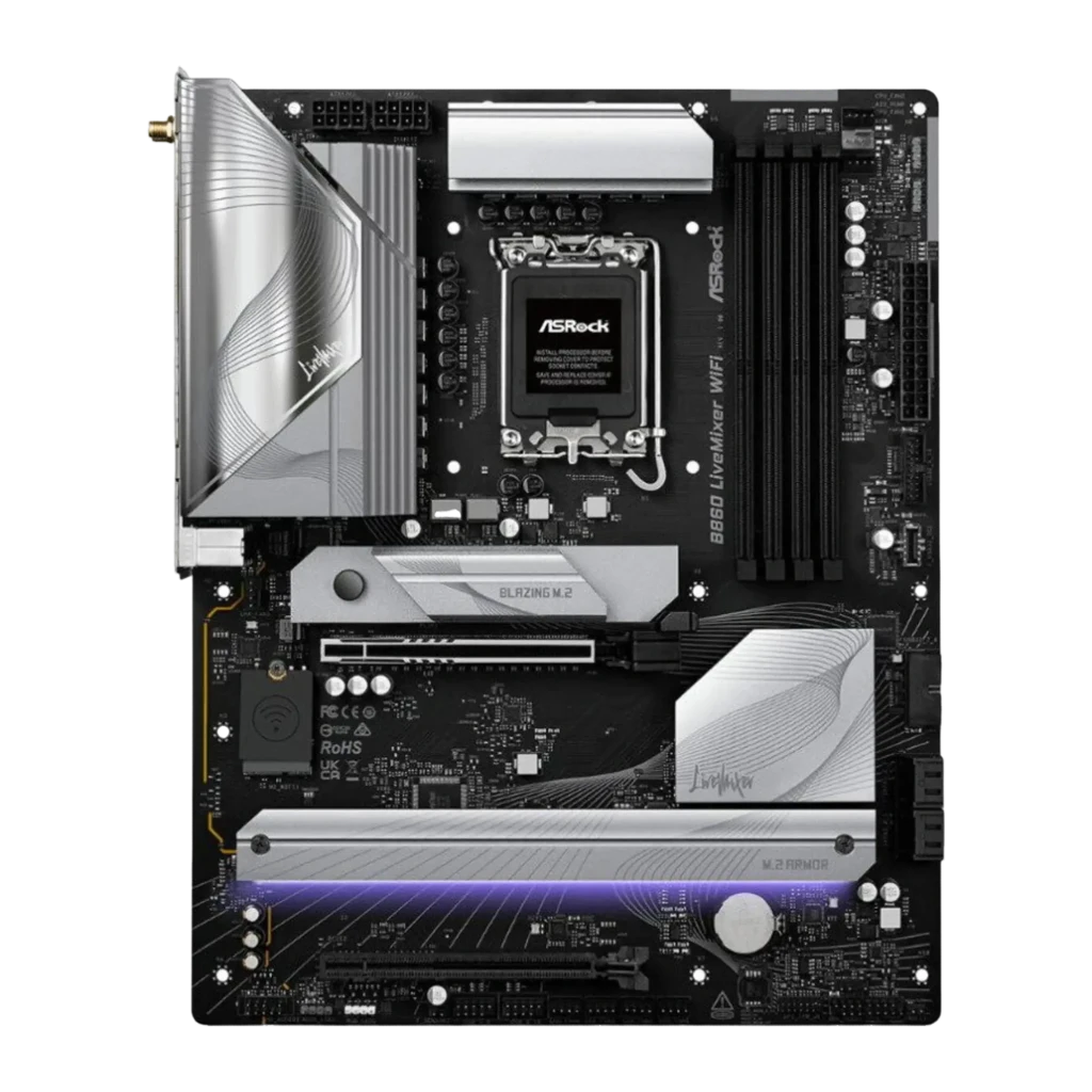 ASRock B860 LiveMixer WiFi, placa-mãe com caixa: vista frontal ATX, dissipadores prateados, iluminação RGB e antenas WiFi - Item1