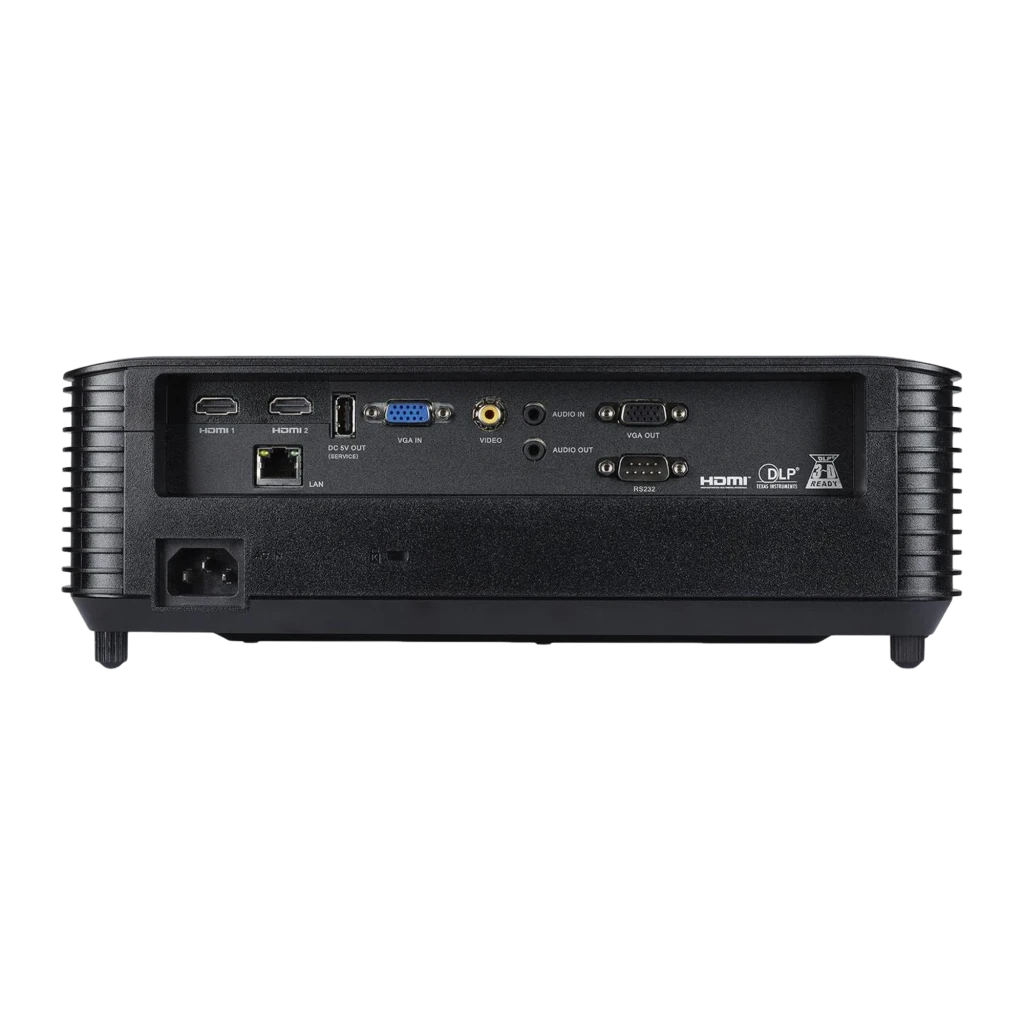 Acer Proyector X1228HN 4800 lúmenes XGA negro, vista frontal en ángulo: lente encendida con haz de luz azul y rejillas - Ítem1