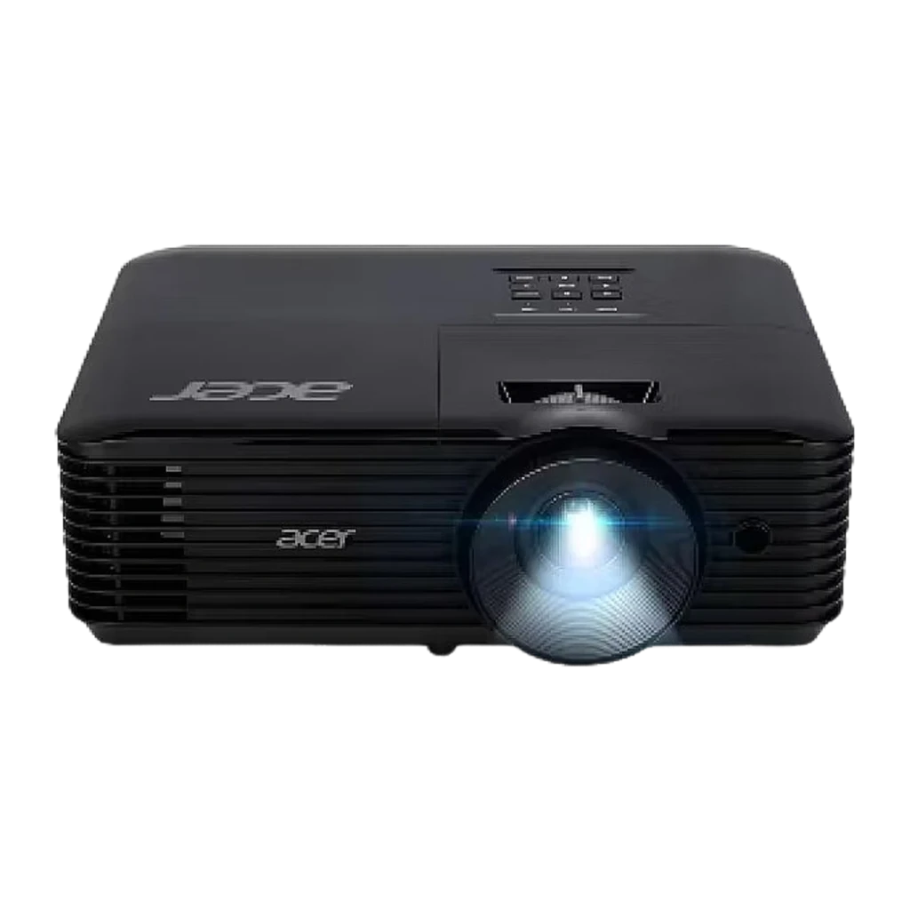 Acer Proyector X1228HN 4800 lúmenes XGA negro, vista frontal en ángulo: lente encendida con haz de luz azul y rejillas - Ítem2