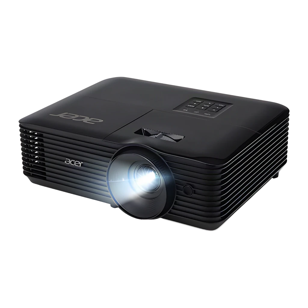 Acer Proyector X1228HN 4800 lúmenes XGA negro, vista frontal en ángulo: lente encendida con haz de luz azul y rejillas - Ítem3