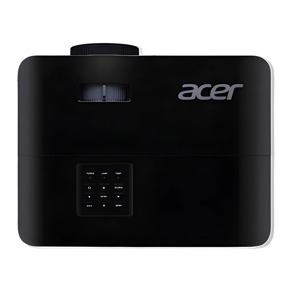 Acer Proyector X1228HN 4800 lúmenes XGA negro, vista frontal en ángulo: lente encendida con haz de luz azul y rejillas - Ítem4