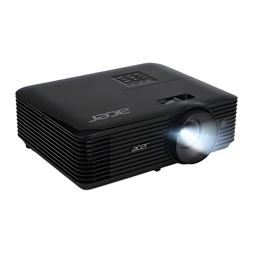 Acer Proyector X1228HN 4800 lúmenes XGA negro, vista frontal en ángulo: lente encendida con haz de luz azul y rejillas - Ítem5
