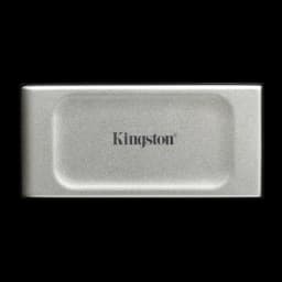 Kingston XS2000 2TB preto prata, vista frontal: carcaça prateada texturizada com logótipo Kingston centrado