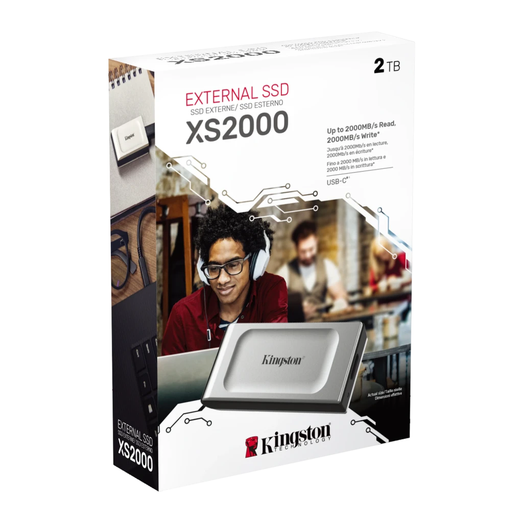 Kingston XS2000 2TB preto prata, vista frontal: carcaça prateada texturizada com logótipo Kingston centrado - Item2