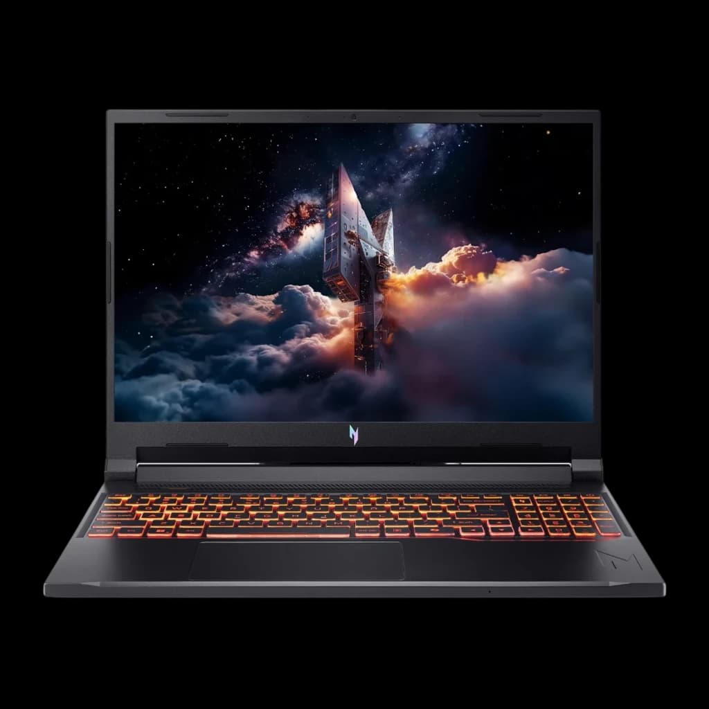 Acer Nitro V 16 AI ANV16-42 1TB noir, vue de face: écran gaming allumé et clavier rétroéclairé orange