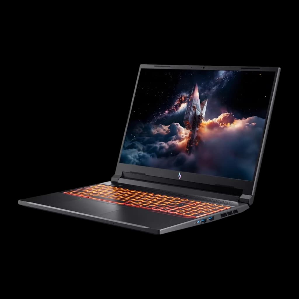 Acer Nitro V 16 AI ANV16-42 1TB noir, angle latéral droit: ports USB droits et clavier orange visibles