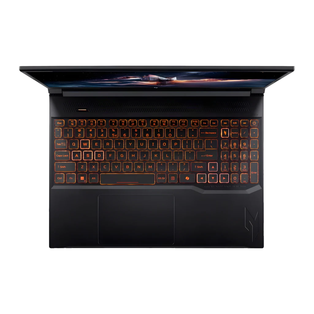Acer Nitro V 16 AI ANV16-42 1TB preto, vista frontal: ecrã gaming ligado e teclado retroiluminado laranja - Item6