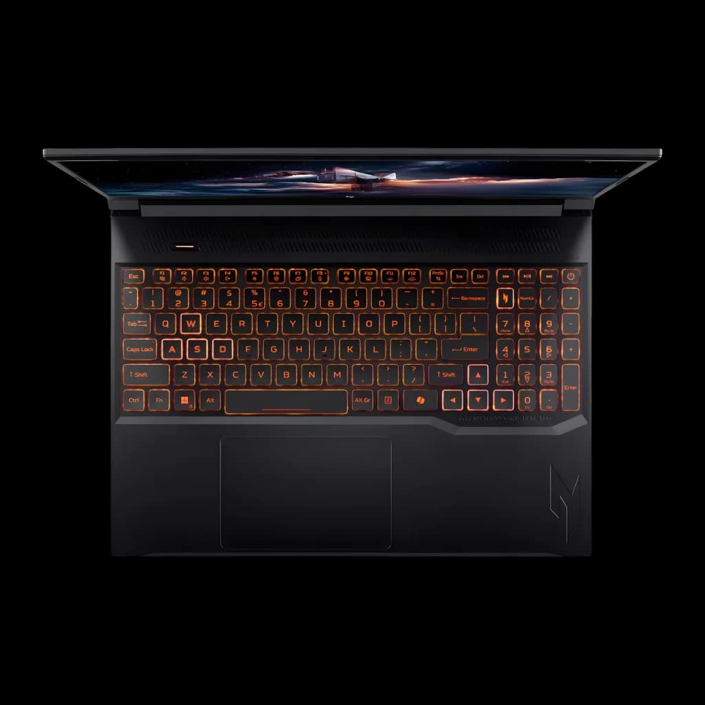 Acer Nitro V 16 AI ANV16-42 1TB Noir, vue du dessus: clavier rétroéclairé orange et pavé tactile avec logo Nitro