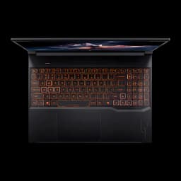 Acer Nitro V 16 AI ANV16-42 1TB Noir, vue du dessus: clavier rétroéclairé orange et pavé tactile avec logo Nitro