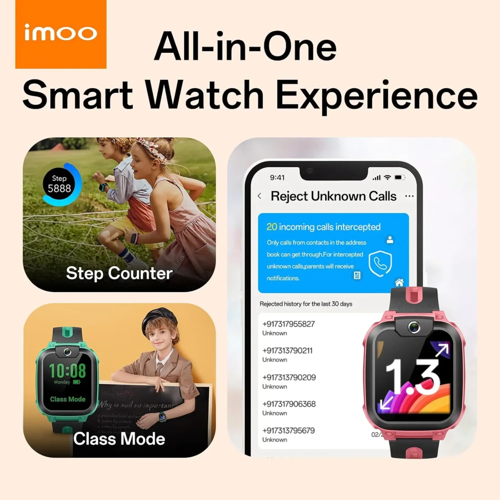 imoo Watch Phone Z1 Rosa, vista frontal em ângulo: ecrã com videochamada a entrar, câmara frontal e bracelete bicolor - Item2