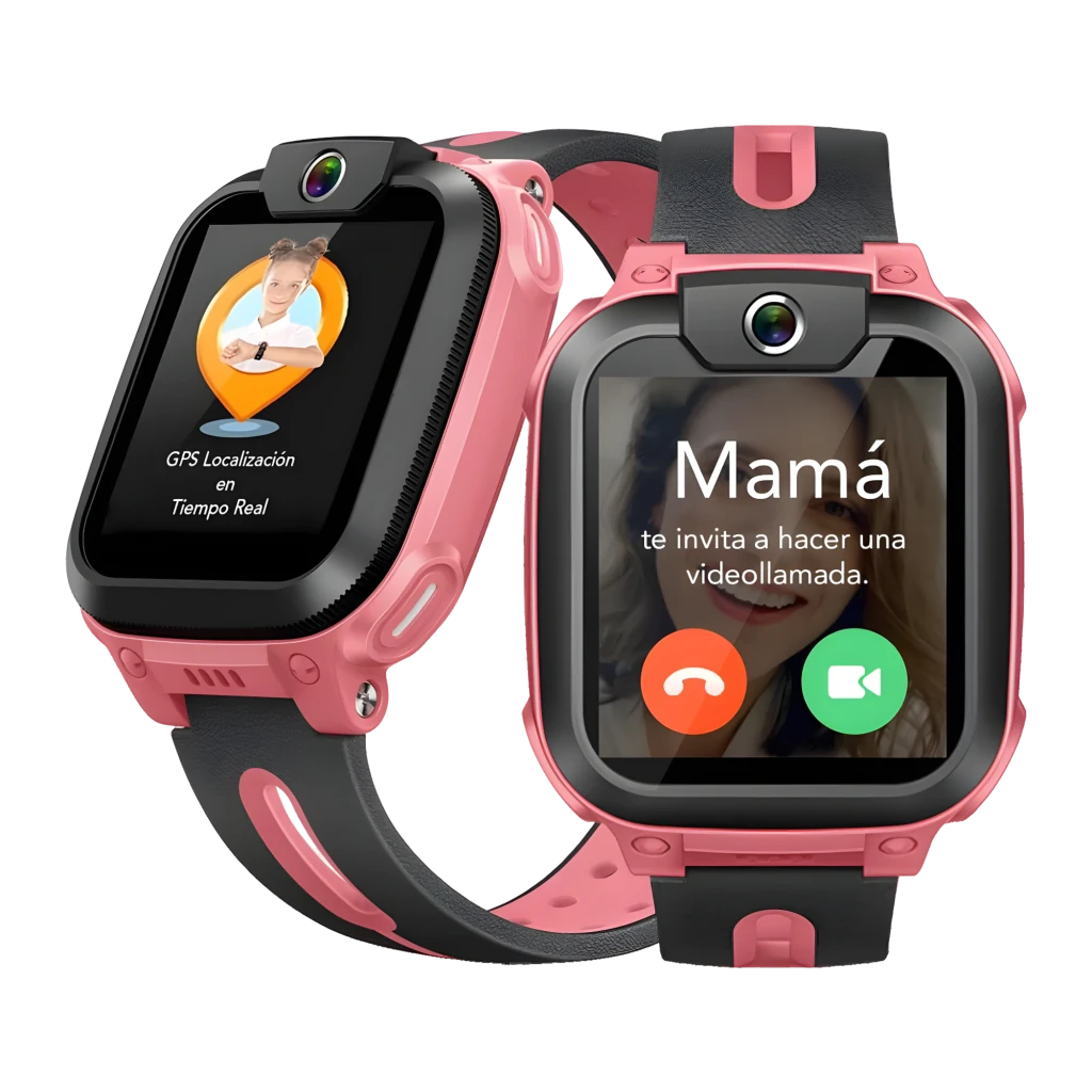 imoo Watch Phone Z1 Rosa, vista frontal em ângulo: ecrã com videochamada a entrar, câmara frontal e bracelete bicolor - Item1