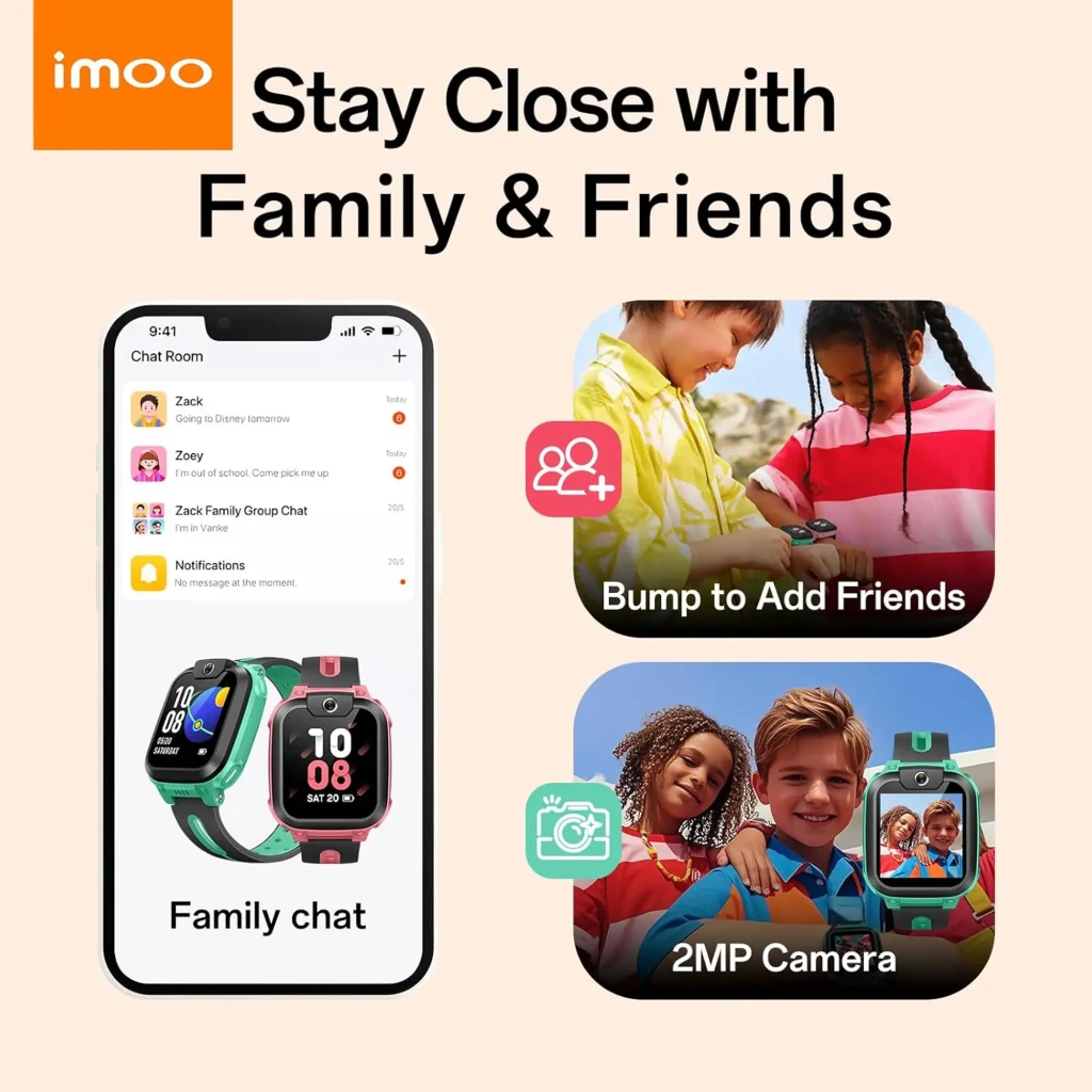 imoo Watch Phone Z1 Rosa, vista frontal em ângulo: ecrã com videochamada a entrar, câmara frontal e bracelete bicolor - Item3