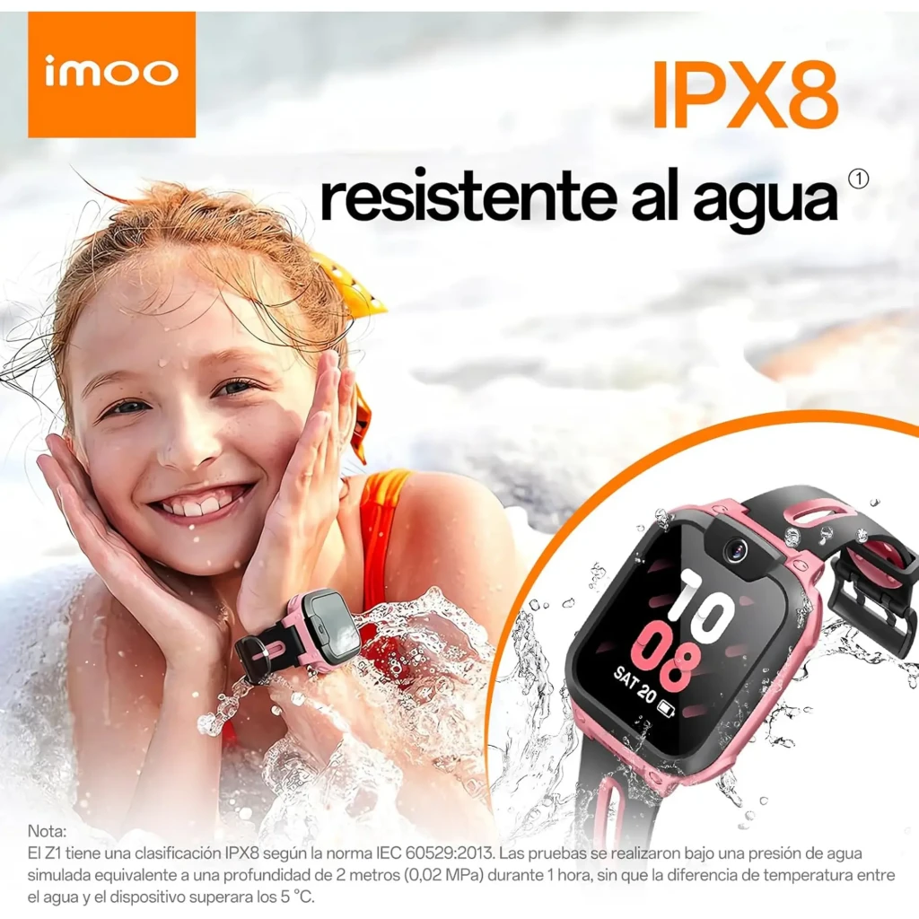 imoo Watch Phone Z1 Rosa, vista frontal em ângulo: ecrã com videochamada a entrar, câmara frontal e bracelete bicolor - Item5