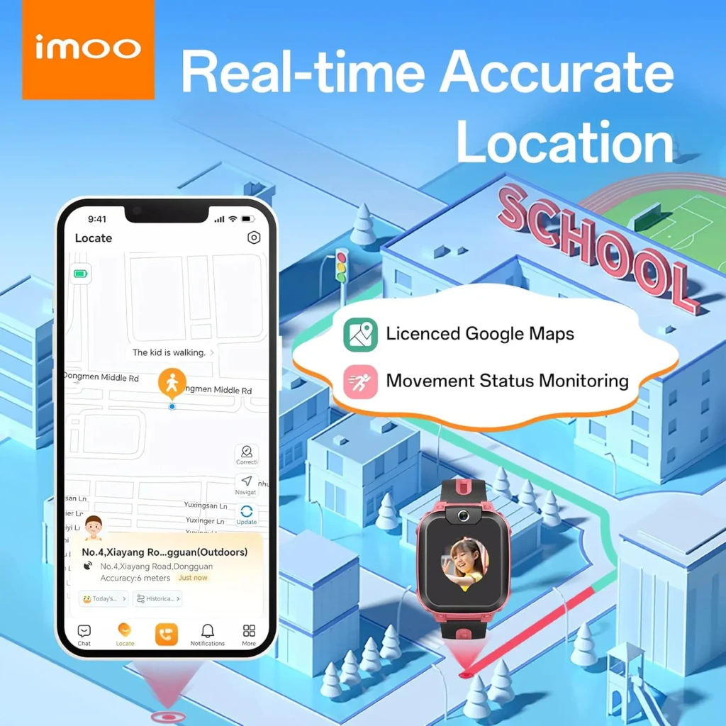 imoo Watch Phone Z1 Rosa, vista frontal em ângulo: ecrã com videochamada a entrar, câmara frontal e bracelete bicolor - Item6