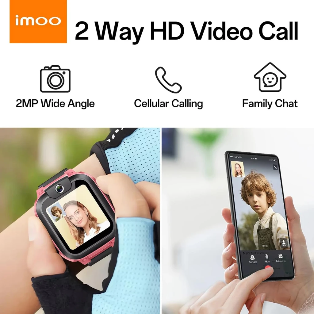 imoo Watch Phone Z1 Rosa, vista frontal em ângulo: ecrã com videochamada a entrar, câmara frontal e bracelete bicolor - Item7
