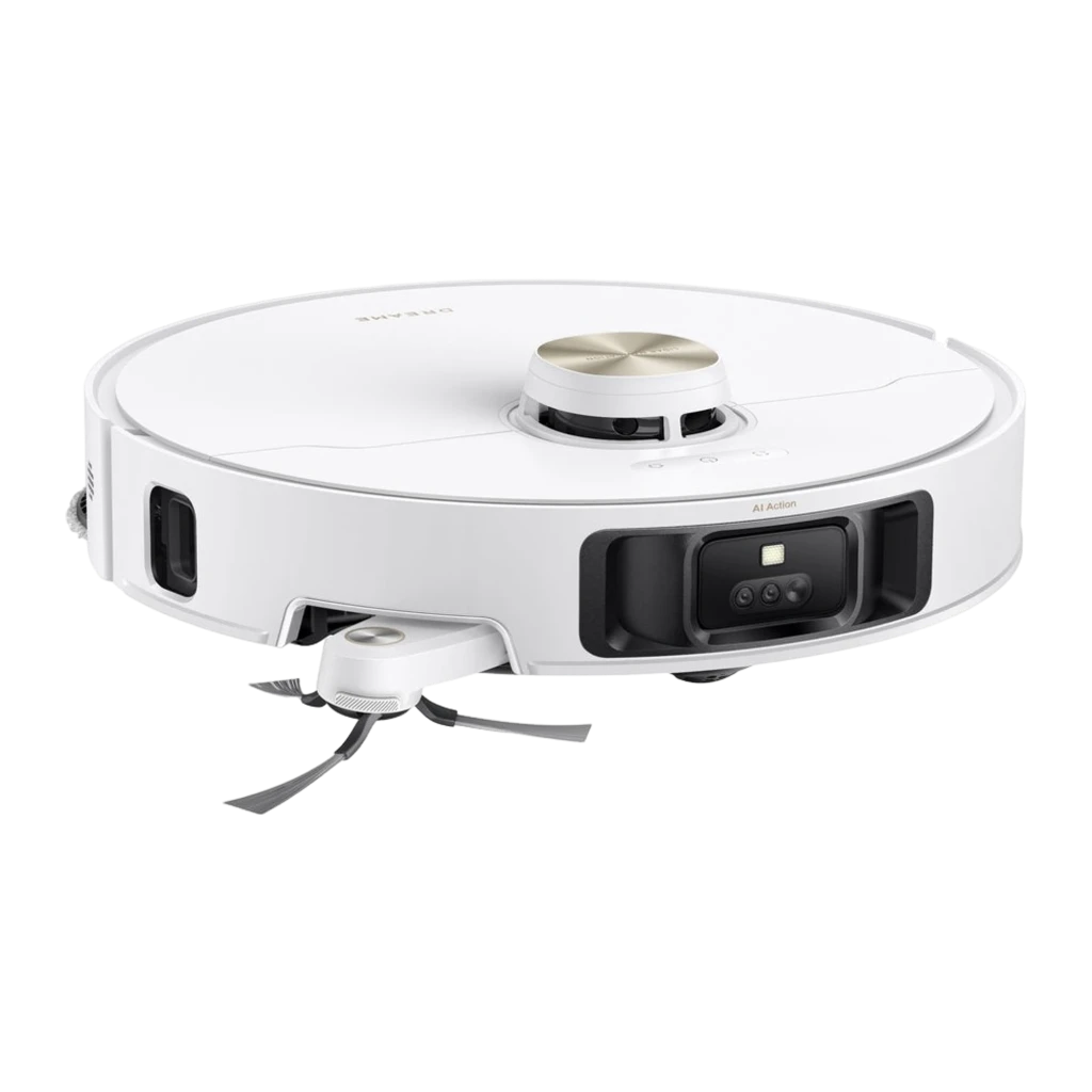 Dreame Robot L50s Pro Ultra Branco, vista frontal 3/4: robô acoplado na base de esvaziamento branca com faixa dourada - Item3